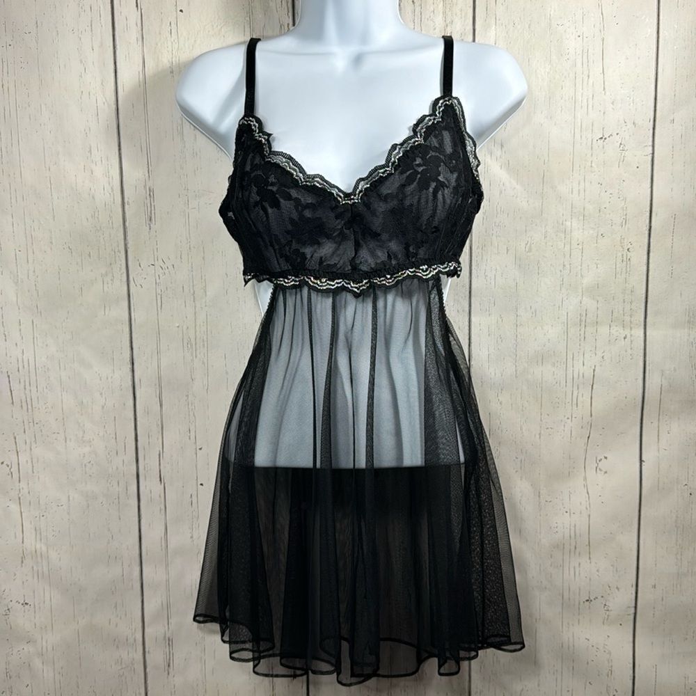 Victorias Secret Sheer Black Embroidered Sliver Lace Babydoll Apron Slip Cut Out